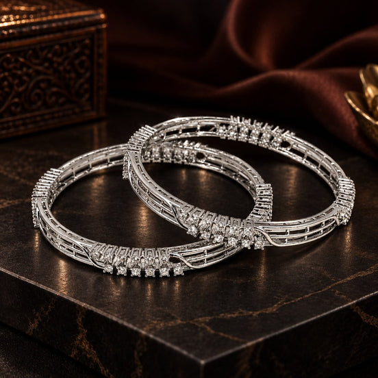 Rhodium Plated Designer Bangle Set with Intricate Linear Pattern & Crystal Detailing – Pack of 2