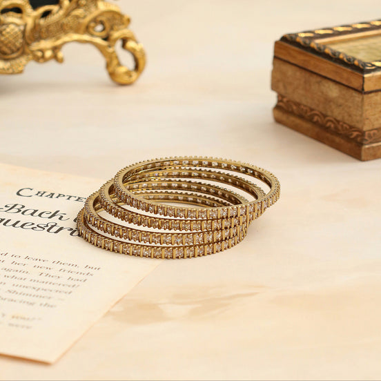 Mehendi Plated Baguette Stone Line Pattern Designer Bangles Set (Pack of 4)