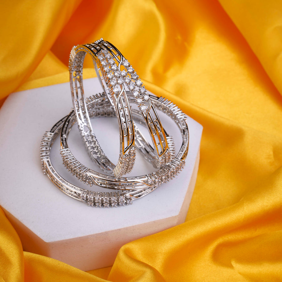 Rhodium Plated Multi-Row Criss Cross Stone Designer Pattern Bangles Set (Pack of 4)