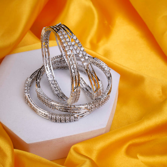 Rhodium Plated Multi-Row Criss Cross Stone Designer Pattern Bangles Set (Pack of 4)