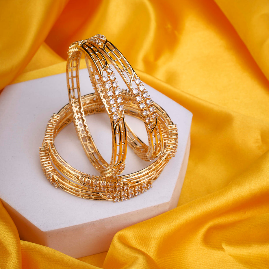 Gold Plated Multi-Row Criss Cross Stone Designer Pattern Bangles Set (Pack of 4)