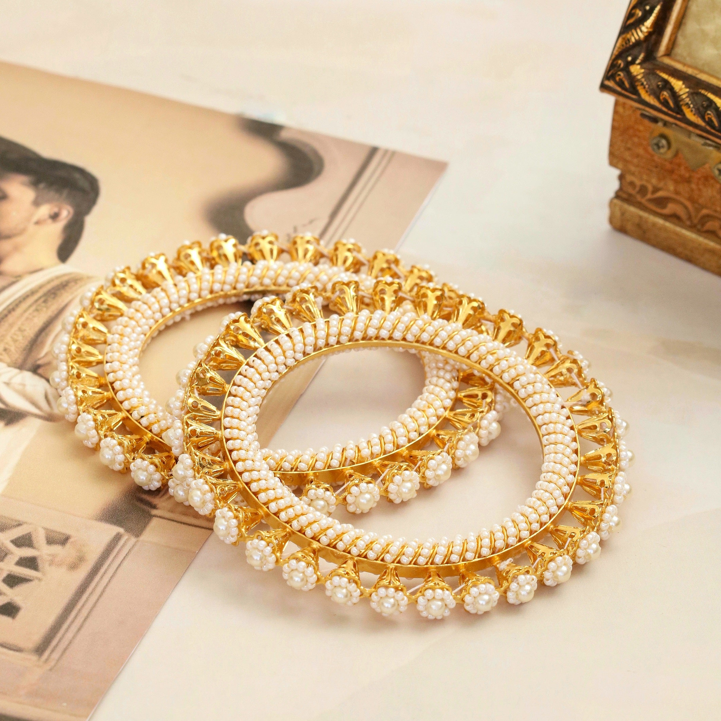Gold Plated Pearl Floral Beaded Designer Pattern Bangles Set (Pack of 2)