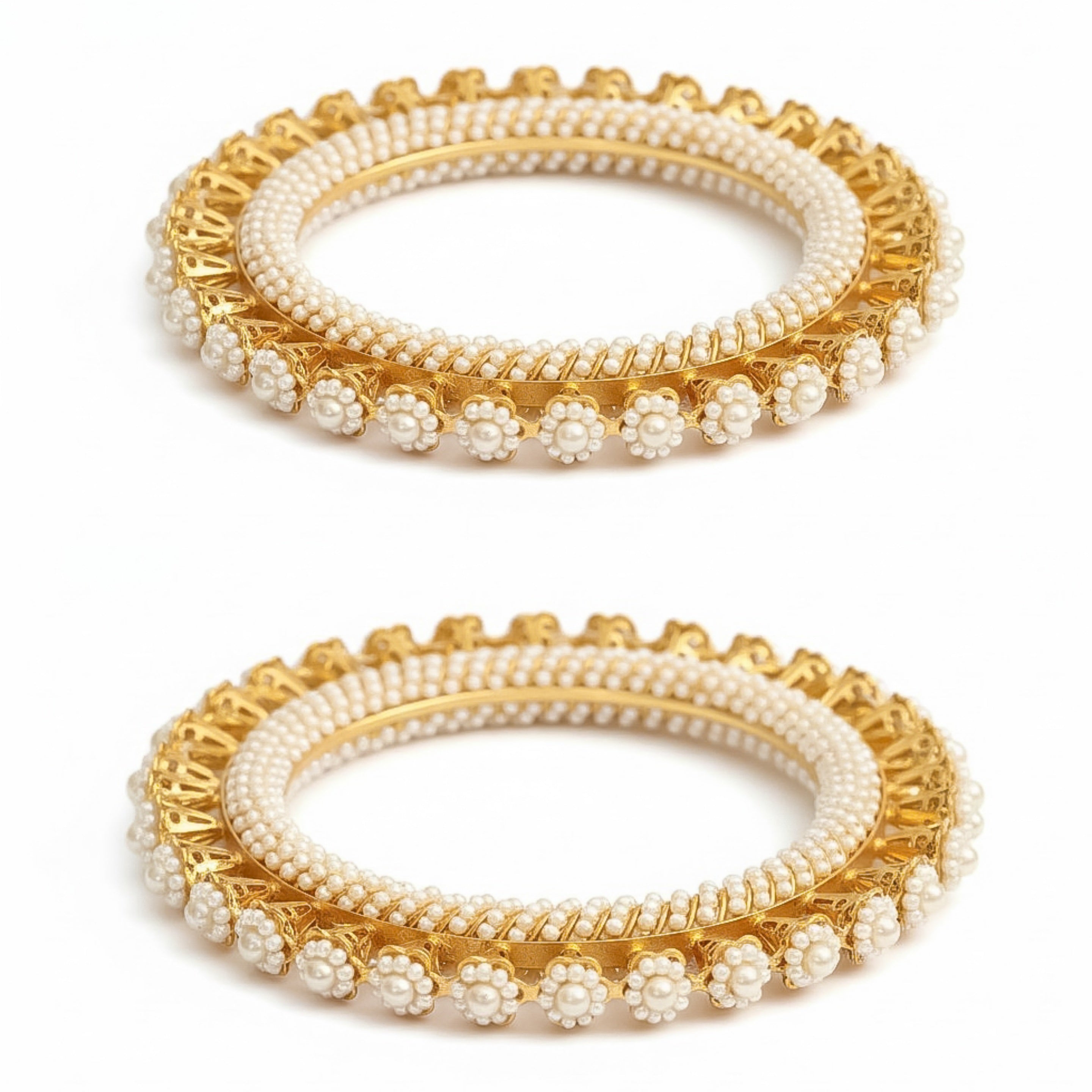 Gold Plated Pearl Floral Beaded Designer Pattern Bangles Set (Pack of 2)