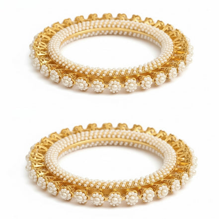 Gold Plated Pearl Floral Beaded Designer Pattern Bangles Set (Pack of 2)