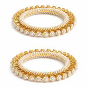 Gold Plated Pearl Floral Beaded Designer Pattern Bangles Set (Pack of 2)