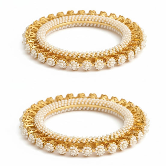 Gold Plated Pearl Floral Beaded Designer Pattern Bangles Set (Pack of 2)