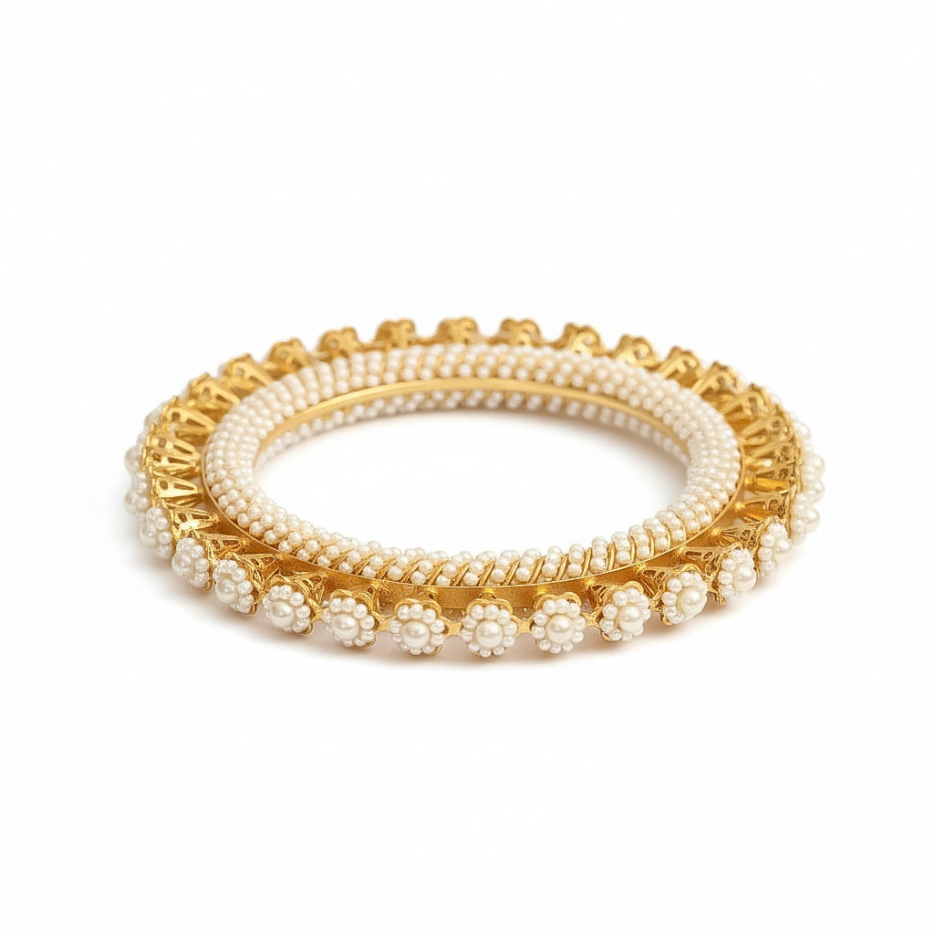 Gold Plated Pearl Floral Beaded Designer Pattern Bangles Set (Pack of 2)