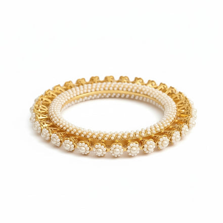 Gold Plated Pearl Floral Beaded Designer Pattern Bangles Set (Pack of 2)