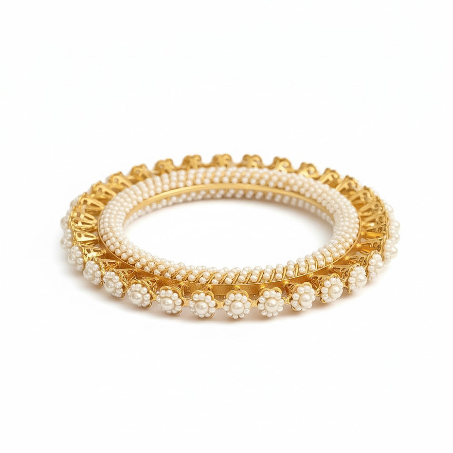 Gold Plated Pearl Floral Beaded Designer Pattern Bangles Set (Pack of 2)