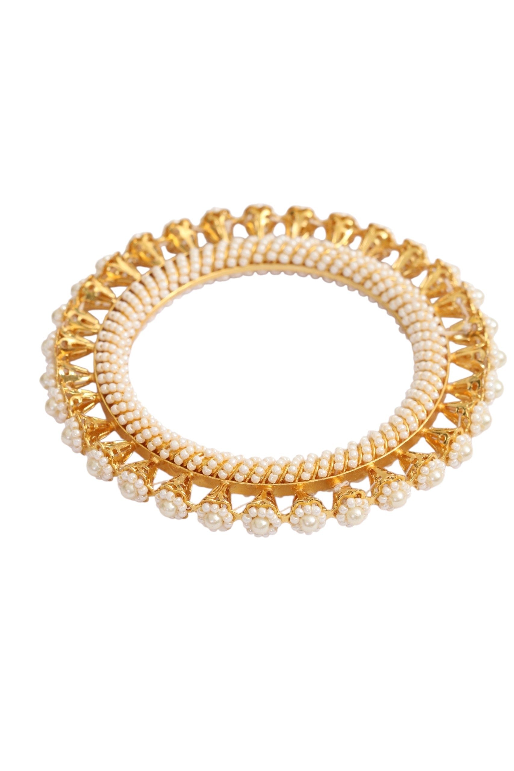 Gold Plated Pearl Floral Beaded Designer Pattern Bangles Set (Pack of 2)
