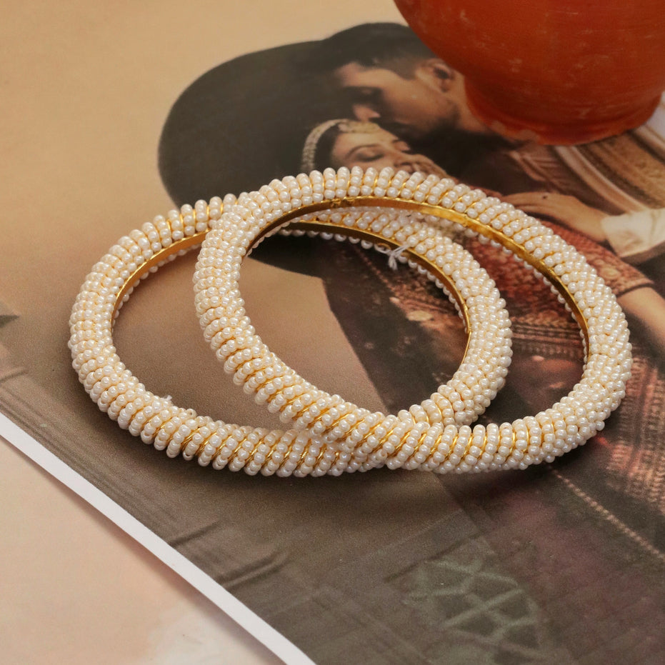 Gold Plated Pearl Spiral Beaded Designer Pattern Bangles Set (Pack of 2)