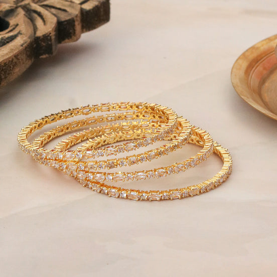 Gold Plated Baguette & Round Stone Pattern Designer Bangles Set (Pack of 4)