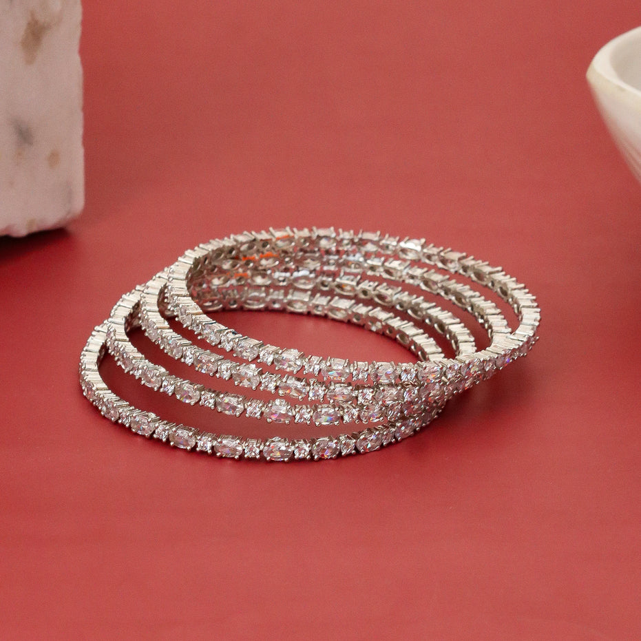Rhodium Plated Baguette & Oval Stone Pattern Designer Bangles Set (Pack of 4)