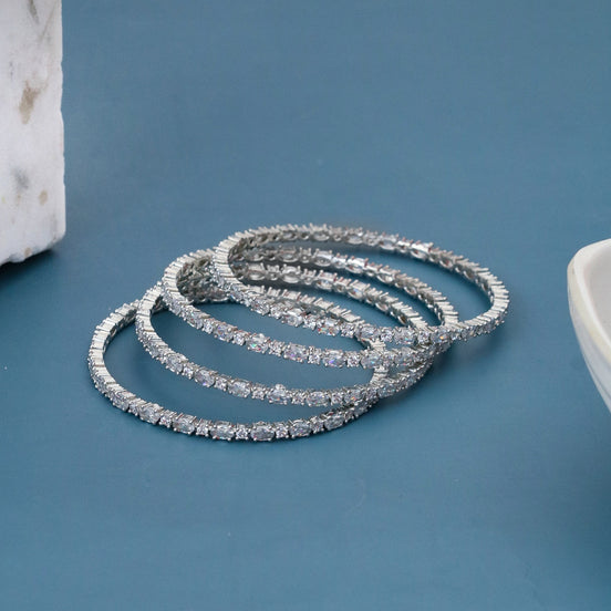 Rhodium Plated Baguette & Oval Stone Pattern Designer Bangles Set (Pack of 4)