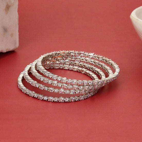 Rhodium Plated Baguette & Oval Stone Pattern Designer Bangles Set (Pack of 4)