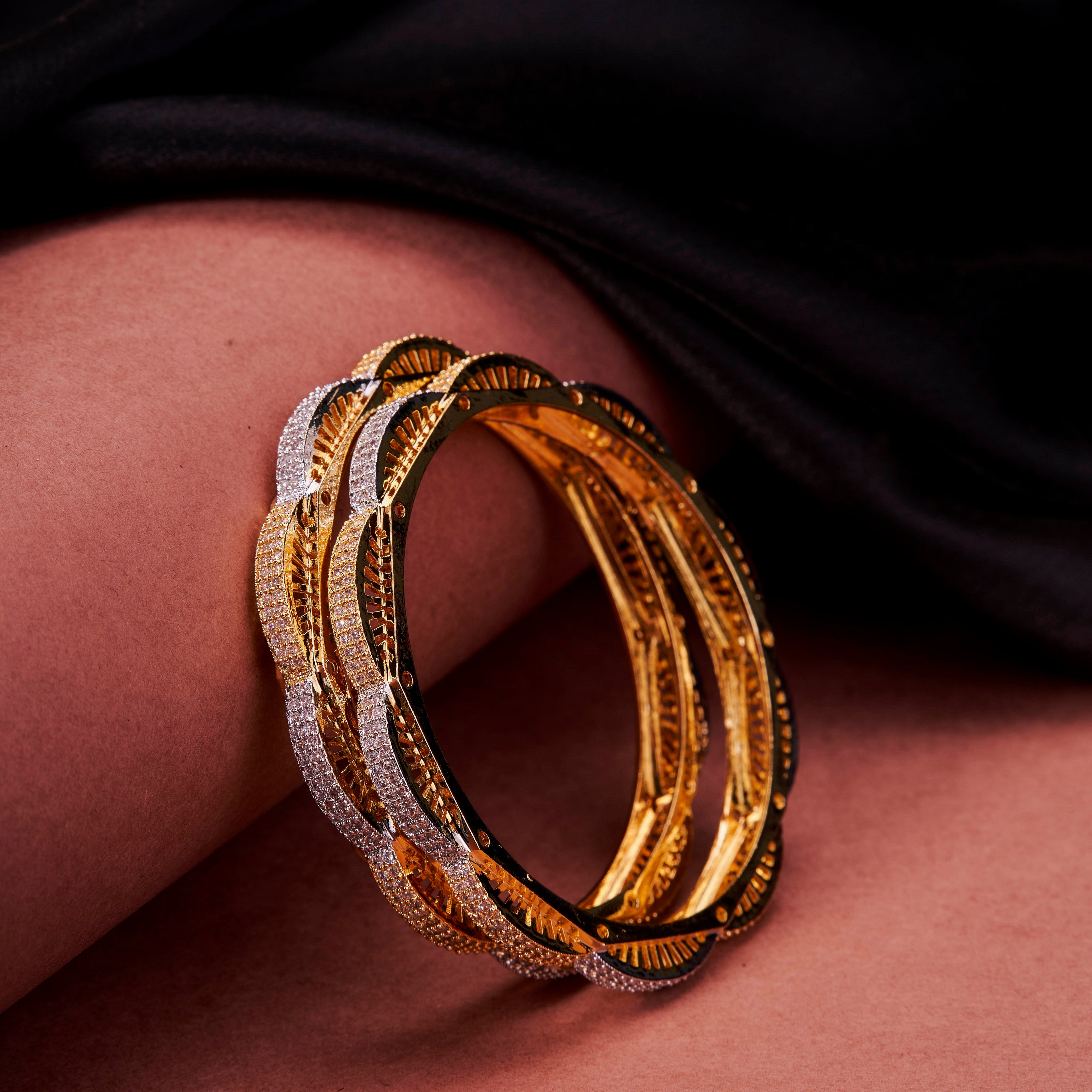 Gold & Silver Plated Wave Pattern Designer Bangles Set ( Pack Of 2)