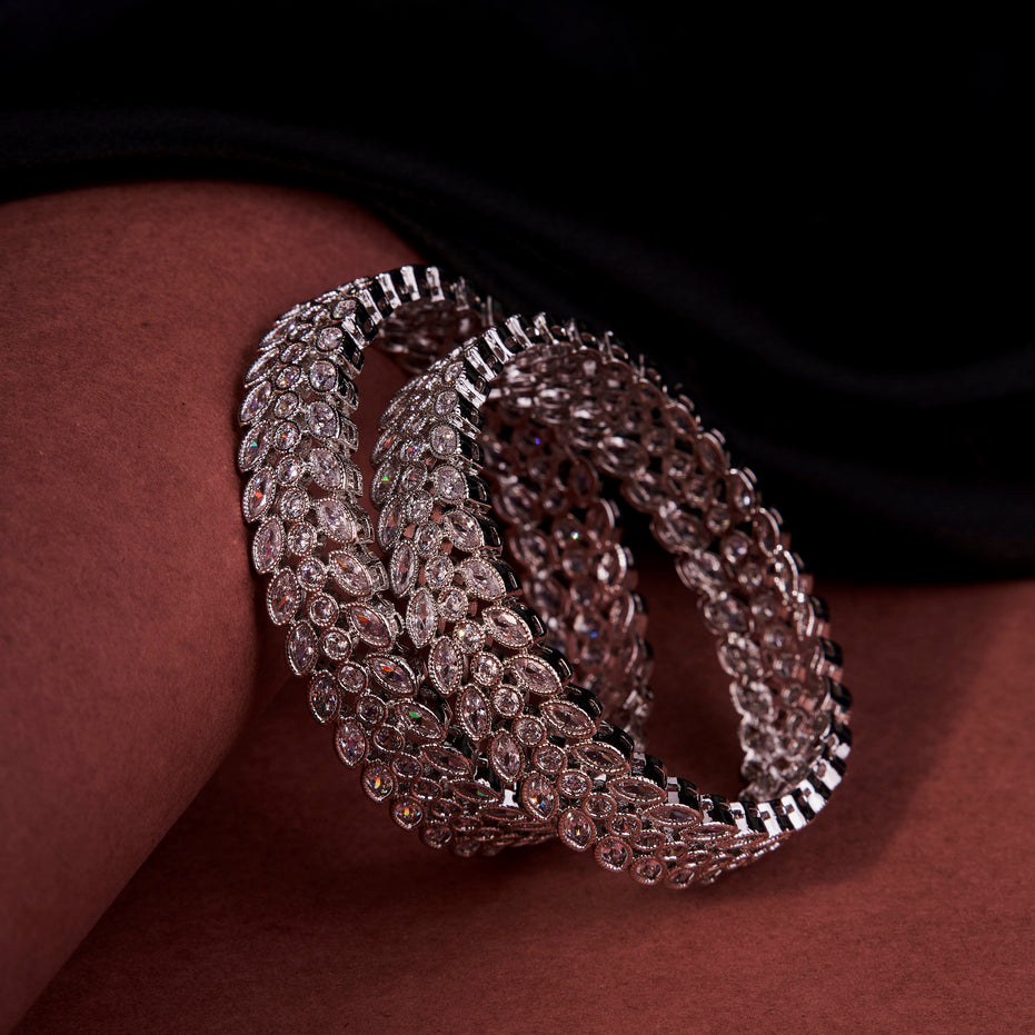 Rhodium Plated Designer Floral Cluster Pattern Designer Bangles Set ( Pack Of 2)