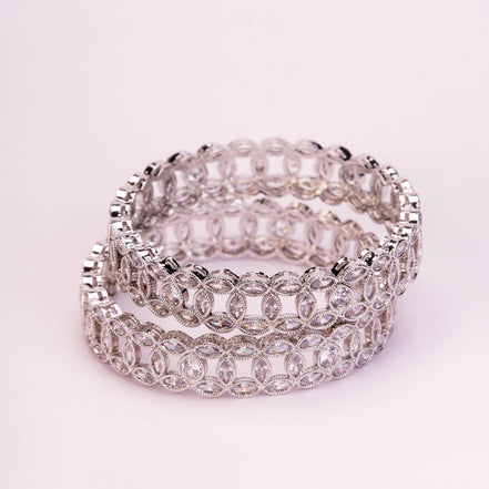 Engraved Oval Shaped Rhodium Plated Bangles