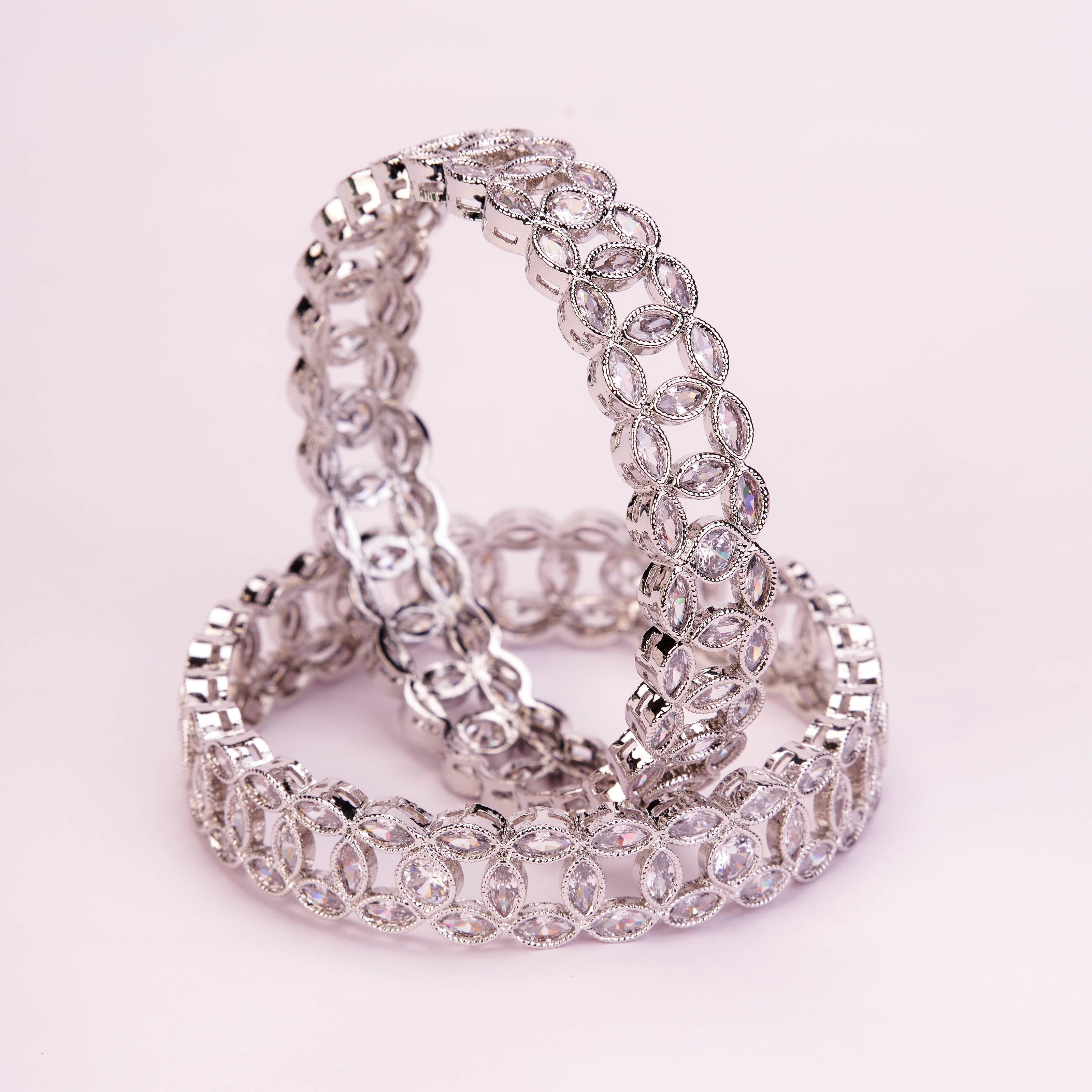 Engraved Oval Shaped Rhodium Plated Bangles