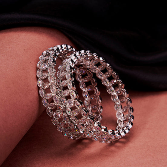 Engraved Oval Shaped Rhodium Plated Bangles