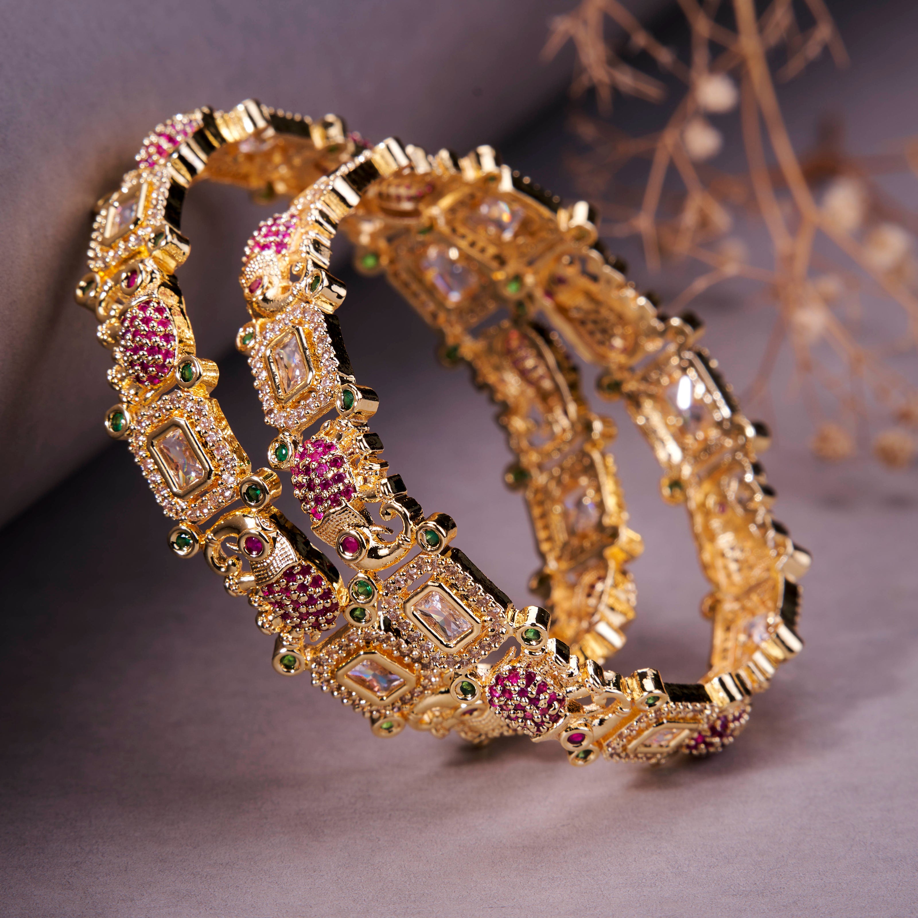 Gold Plated Peacock Kundan Bangles Set