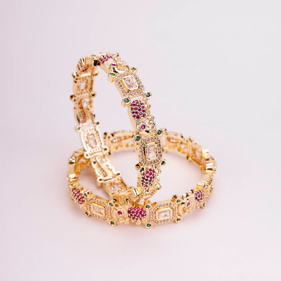 Gold Plated Peacock Motif Kundan Stone Studded Floral Pattern Designer Bangles Set ( Pack Of 2)