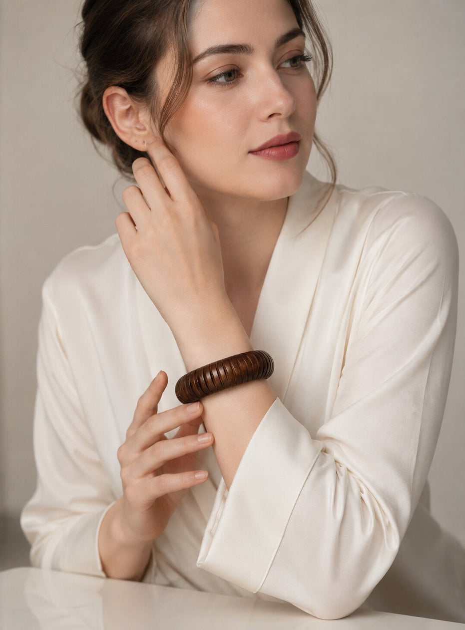 Carved Ribbed Pattern Wooden Bangle (Size-2.6)