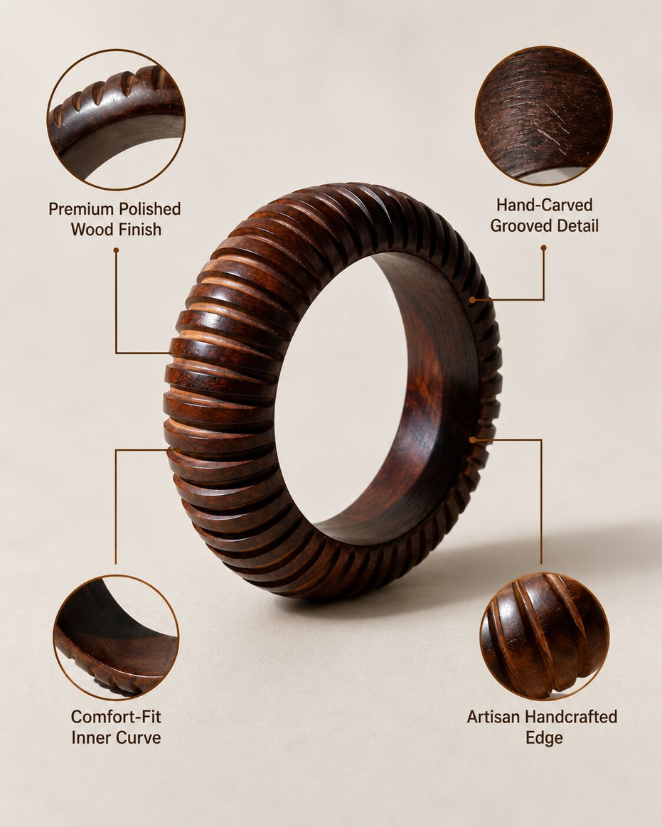 Carved Ribbed Pattern Wooden Bangle (Size-2.6)
