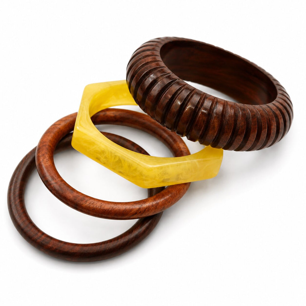 Handcrafted Resin & Sheesham Wood Bangle Set with Carved Pattern Stackable Bangles- Pack of 4 (Size-2.6)