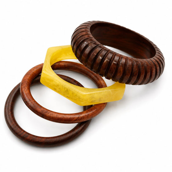 Handcrafted Resin & Sheesham Wood Bangle Set with Carved Pattern Stackable Bangles- Pack of 4 (Size-2.6)