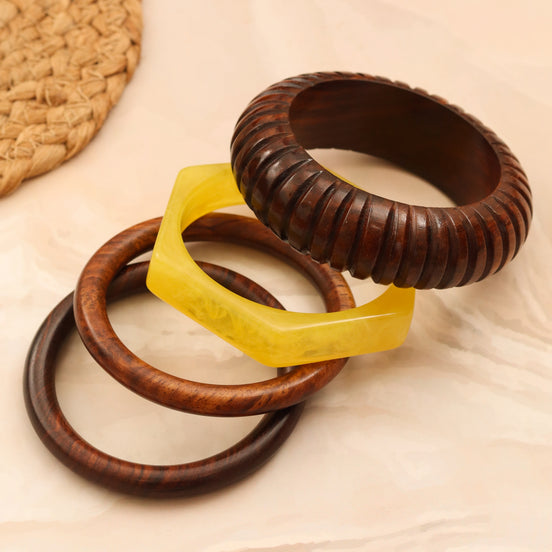 Handcrafted Resin & Sheesham Wood Bangle Set with Carved Pattern Stackable Bangles- Pack of 4 (Size-2.6)