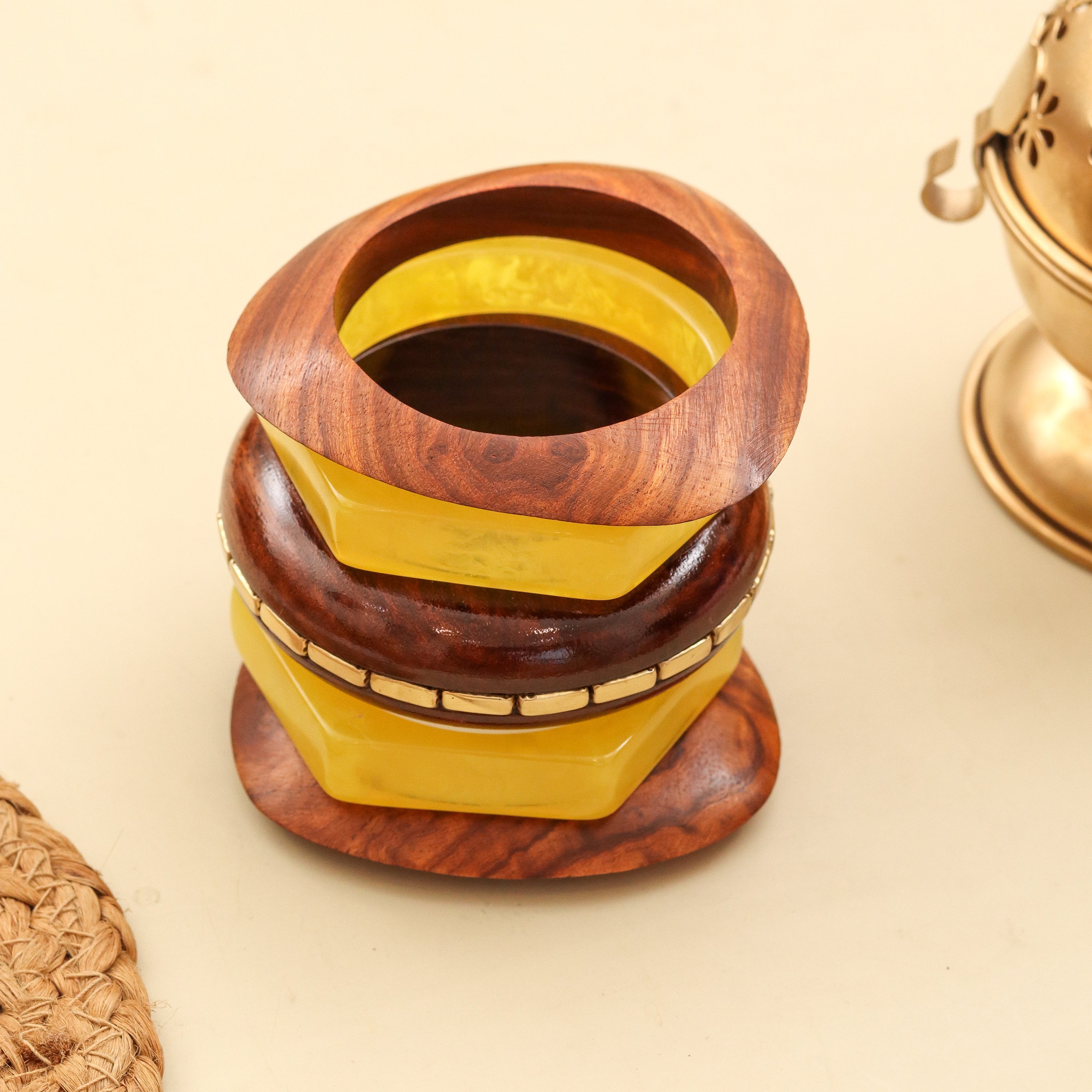 Handcrafted Resin & Sheesham Wood Bangle Set with Geometric and Beaded Pattern - Pack of 5 (Size-2.6)