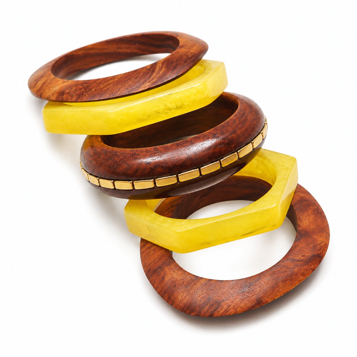Handcrafted Resin & Sheesham Wood Bangle Set with Geometric and Beaded Pattern - Pack of 5 (Size-2.6)