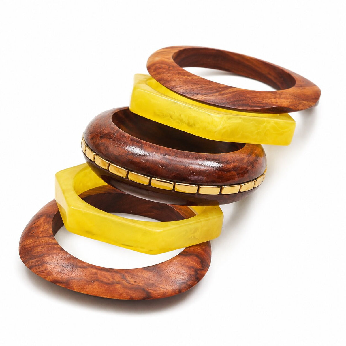 Handcrafted Resin & Sheesham Wood Bangle Set with Geometric and Beaded Pattern - Pack of 5 (Size-2.6)