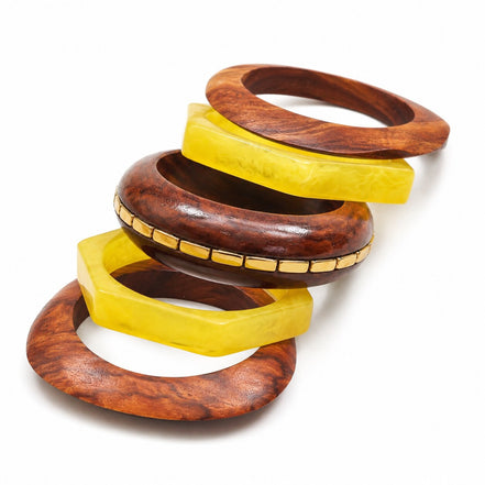 Handcrafted Resin & Sheesham Wood Bangle Set with Geometric and Beaded Pattern - Pack of 5 (Size-2.6)