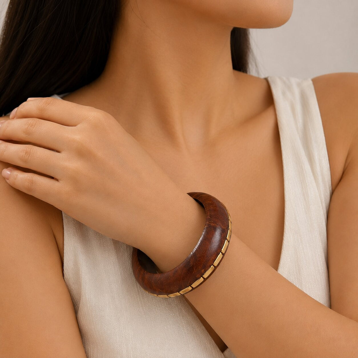 Sheesham Wood Beaded Border Broad Bangle (Size-2.6)