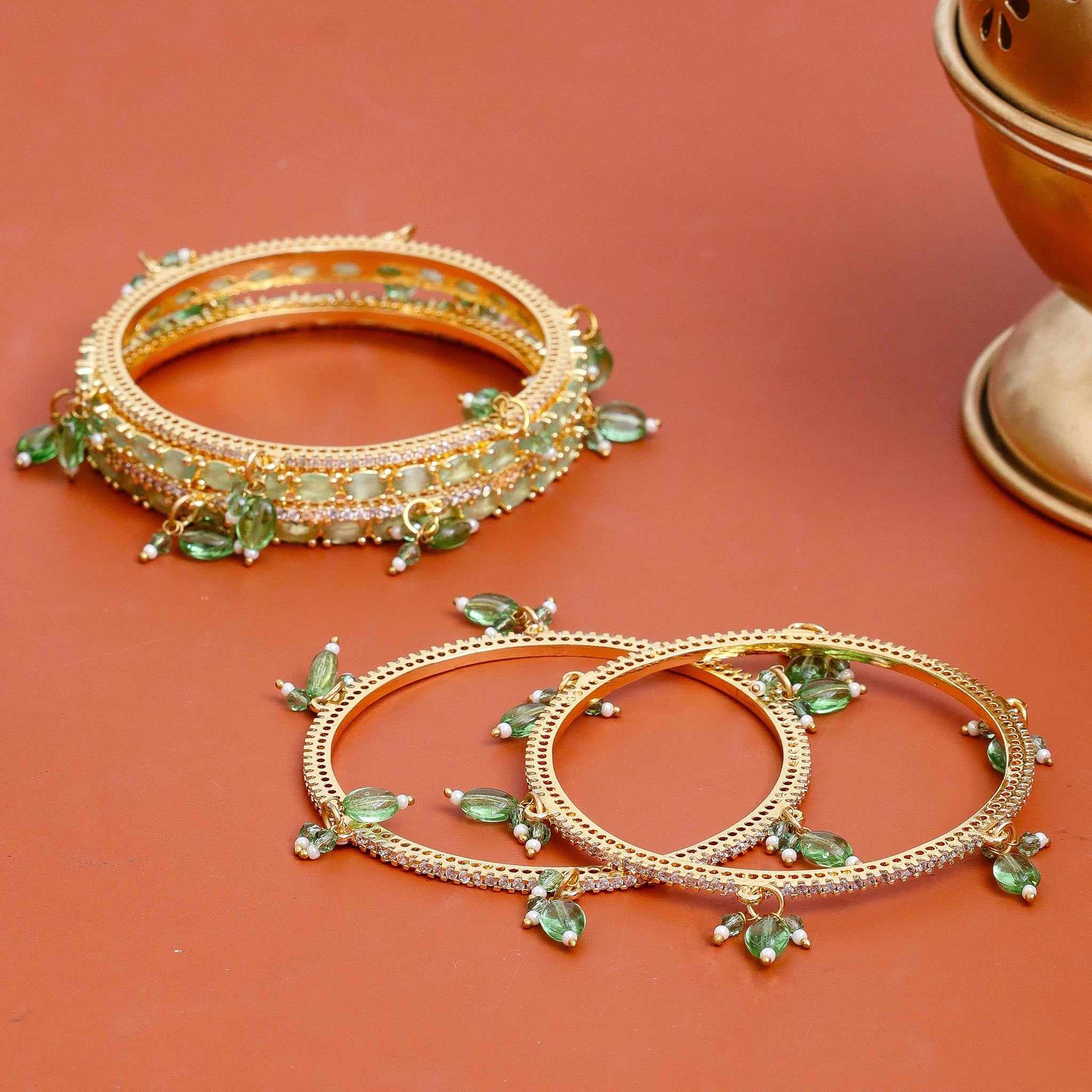 Gold Plated American Diamond Leaf Charm Pattern Designer Bangles Set - Pack of 6