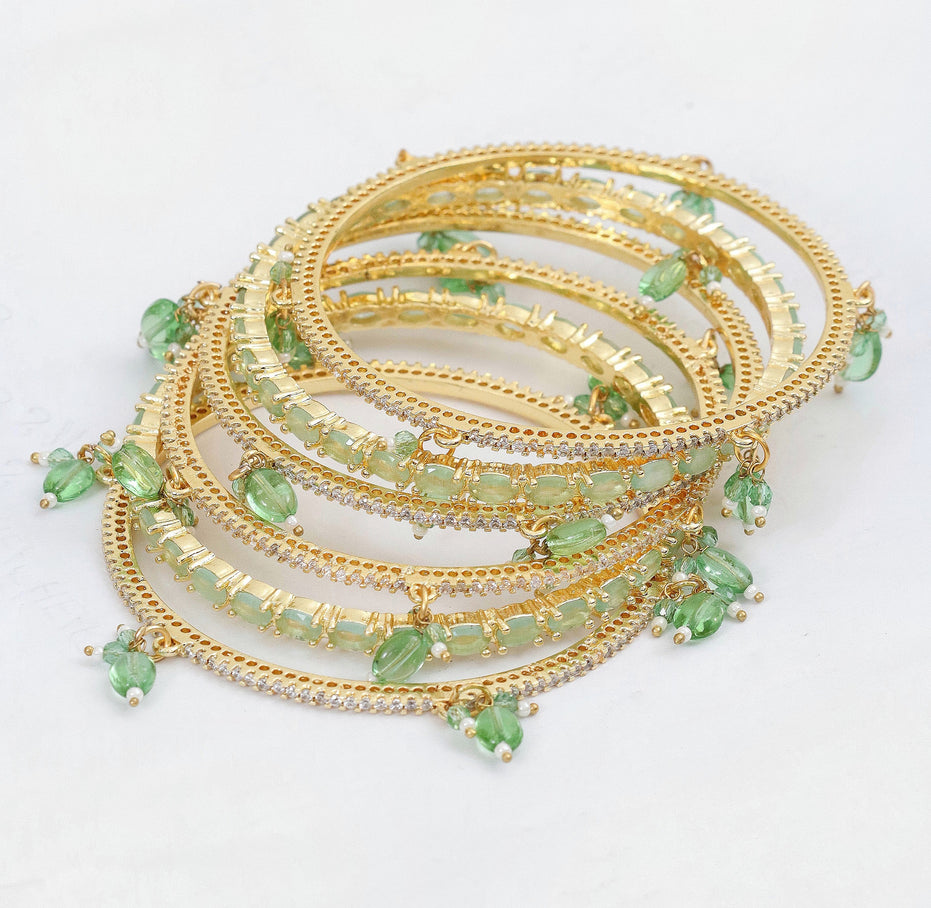 Gold Plated American Diamond Leaf Charm Pattern Designer Bangles Set - Pack of 6