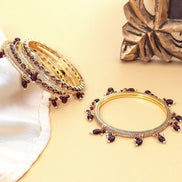 Gold Plated American Diamond Leaf Charm Pattern Designer Bangles Set - Pack of 6