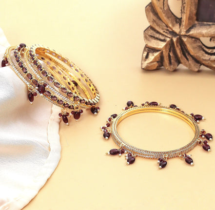 Gold Plated American Diamond Leaf Charm Pattern Designer Bangles Set - Pack of 6