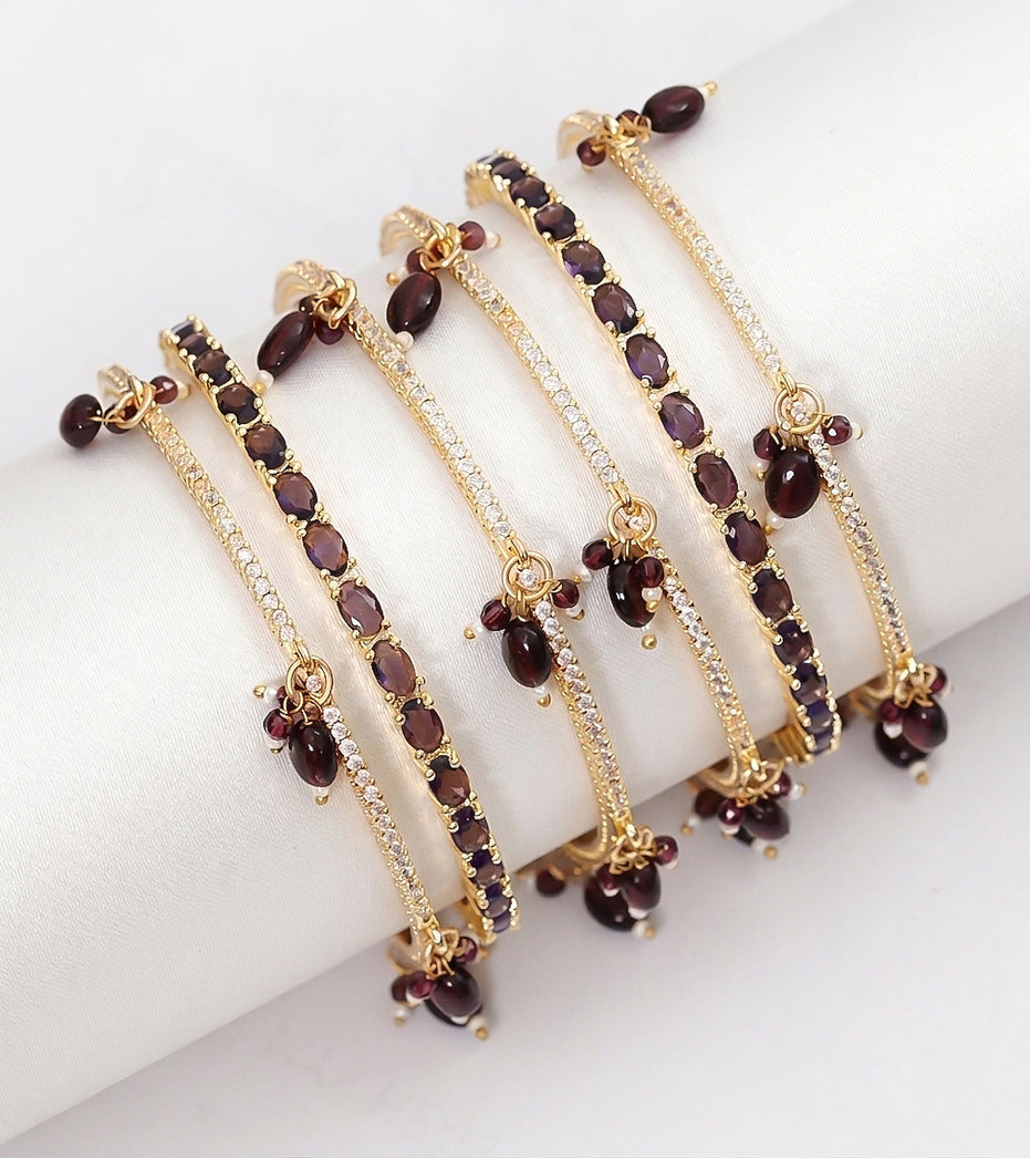 Gold Plated American Diamond Leaf Charm Pattern Designer Bangles Set - Pack of 6
