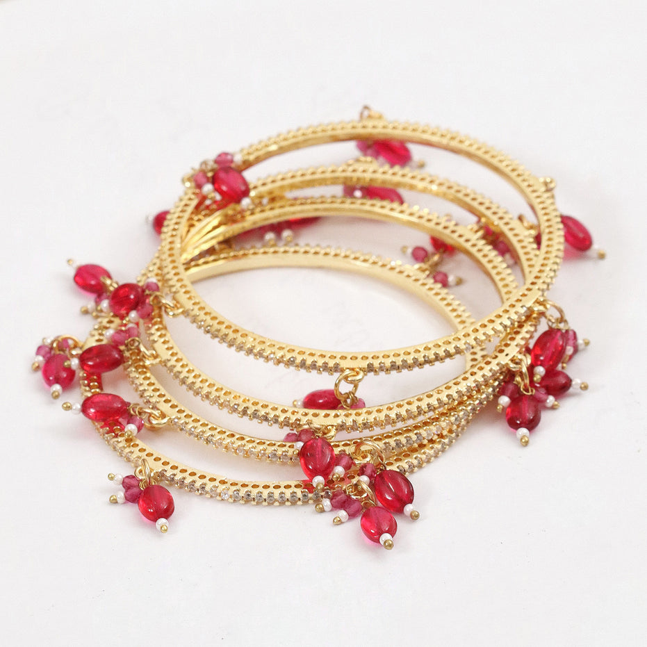 Gold Plated American Diamond Beaded Charm Pattern Designer Bangles Set (Pack of 4)