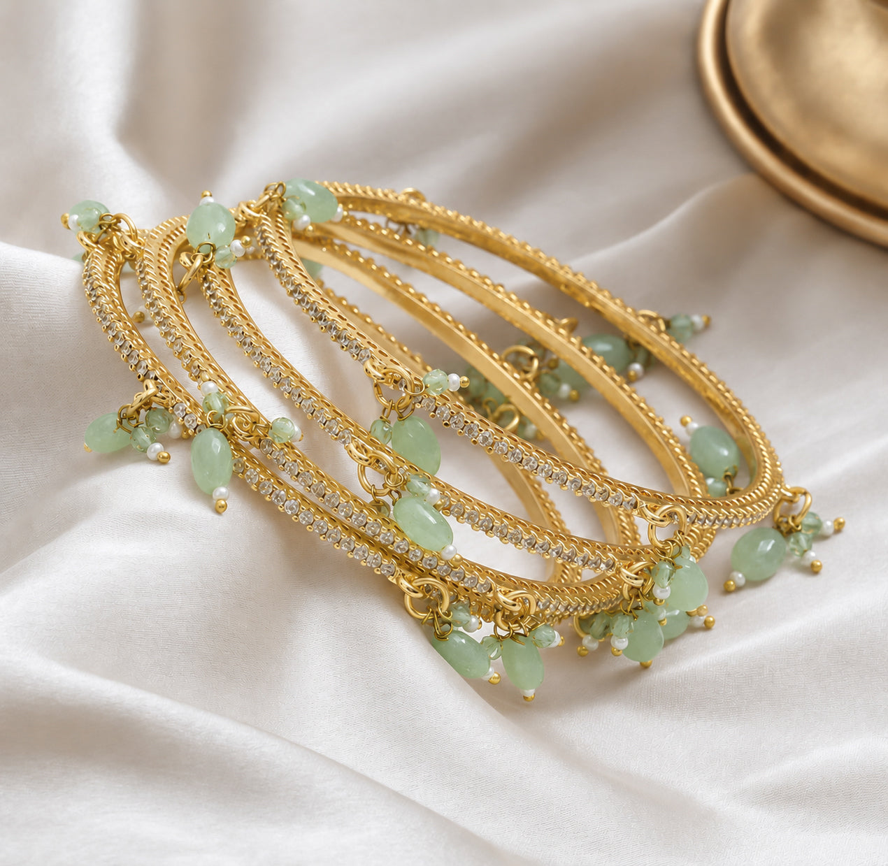 Gold Plated American Diamond Beaded Charm Pattern Designer Bangles Set (Pack of 4)