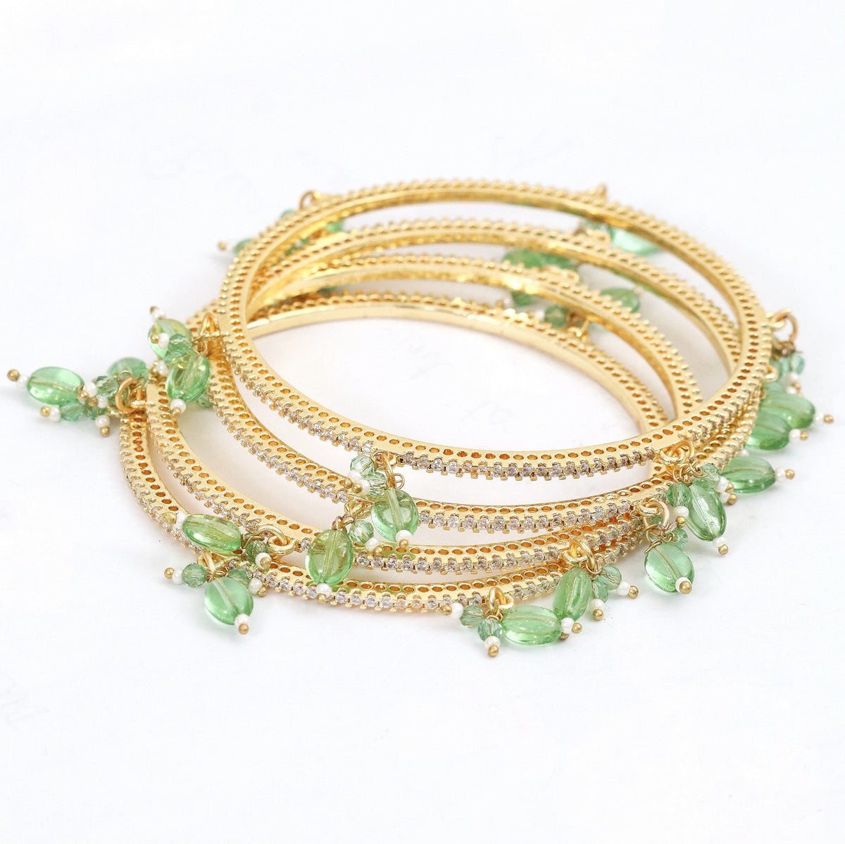 Gold Plated American Diamond Beaded Charm Pattern Designer Bangles Set (Pack of 4)