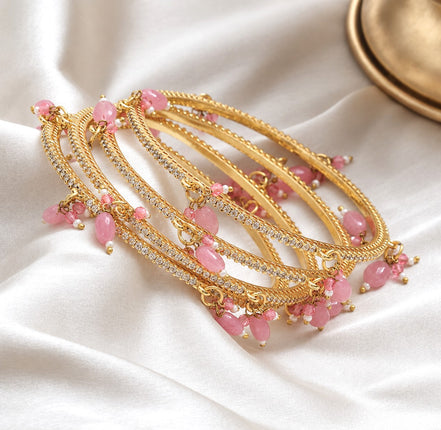 Gold Plated American Diamond Beaded Charm Pattern Designer Bangles Set (Pack of 4)