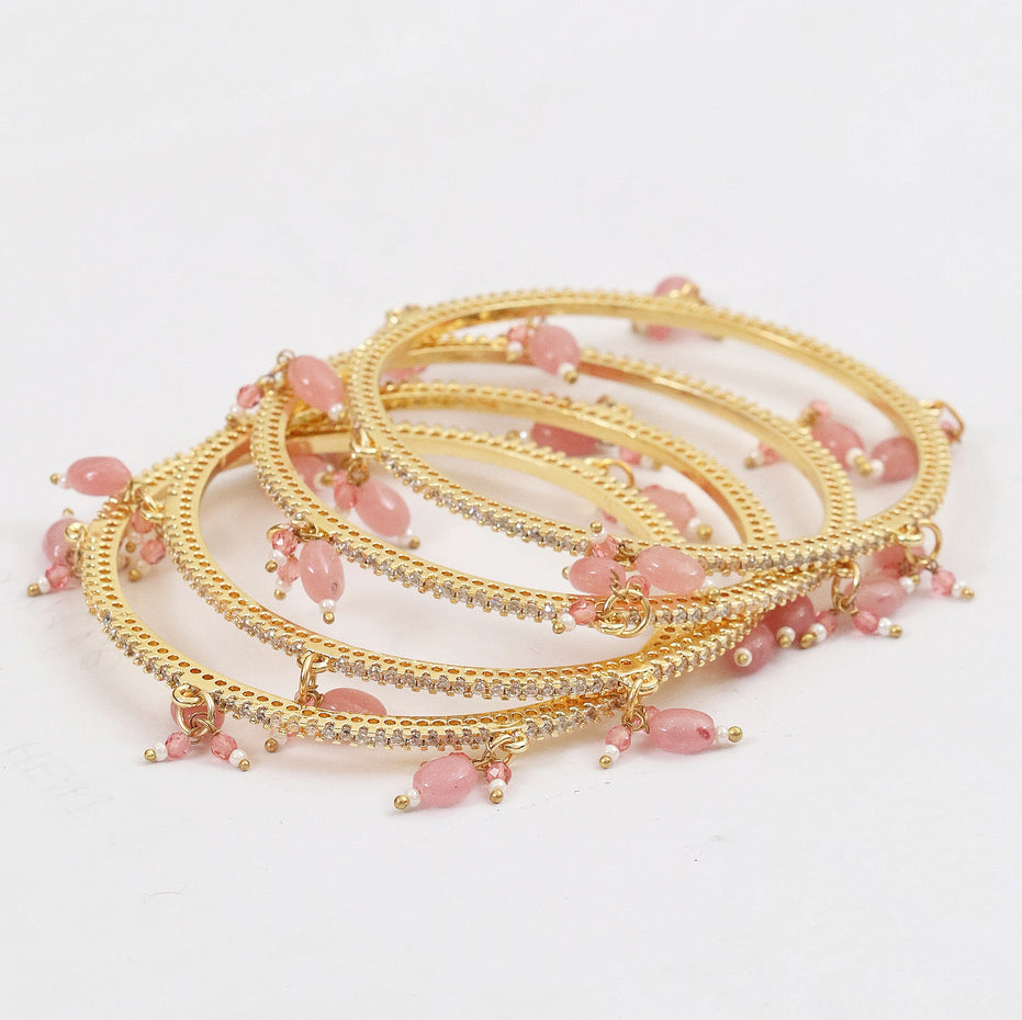 Gold Plated American Diamond Beaded Charm Pattern Designer Bangles Set (Pack of 4)