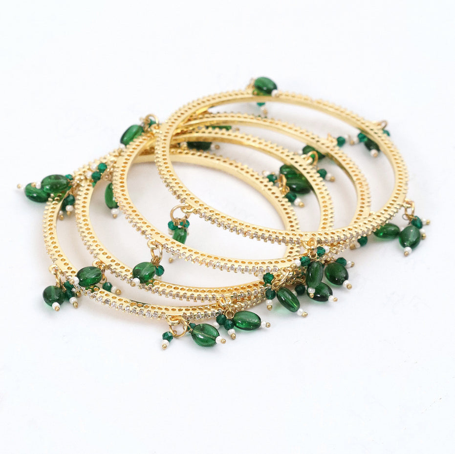 Gold Plated American Diamond Beaded Charm Pattern Designer Bangles Set (Pack of 4)