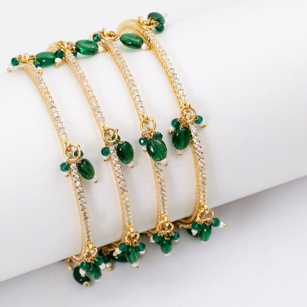 Gold Plated American Diamond Beaded Charm Pattern Designer Bangles Set (Pack of 4)