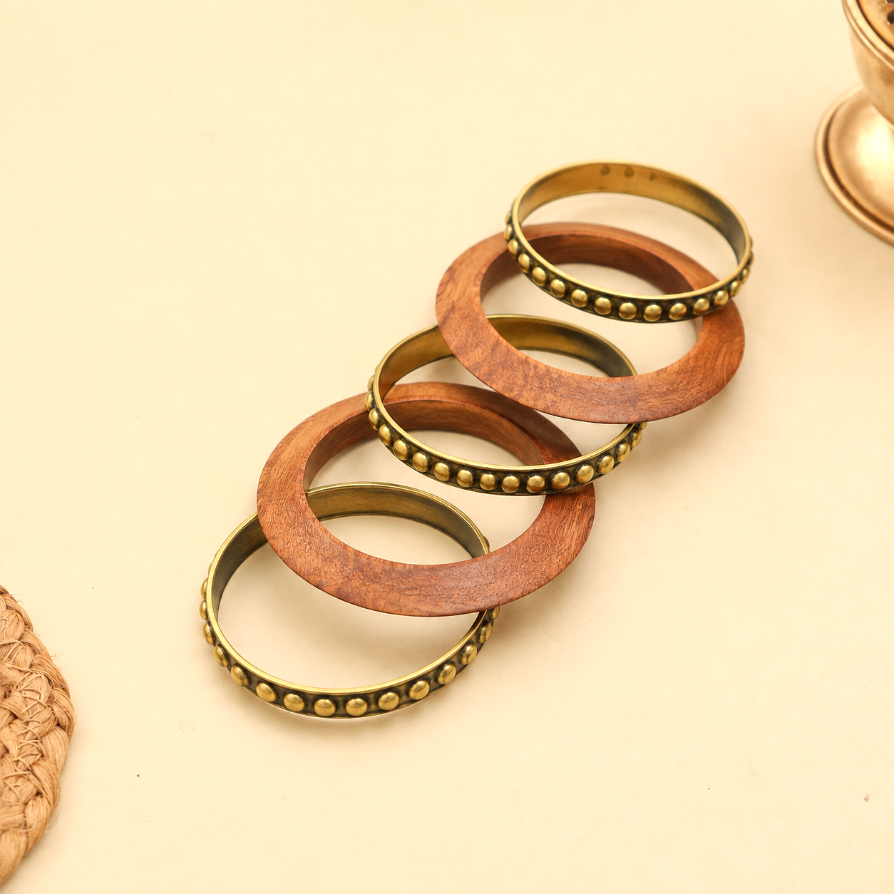 Antique Gold Plated Sheesham Wood & Beaded Bangle Set with Textured Pattern - Pack of 5