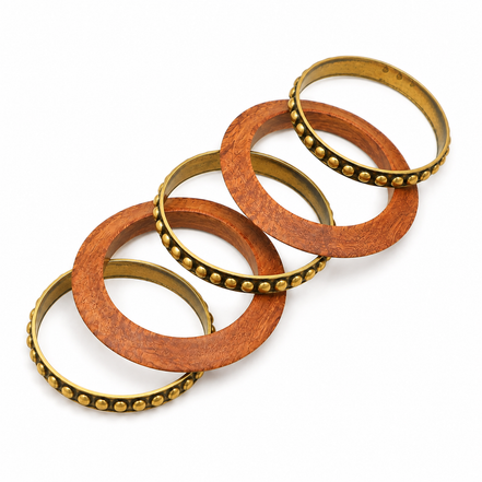 Antique Gold Plated Sheesham Wood & Beaded Bangle Set with Textured Pattern - Pack of 5